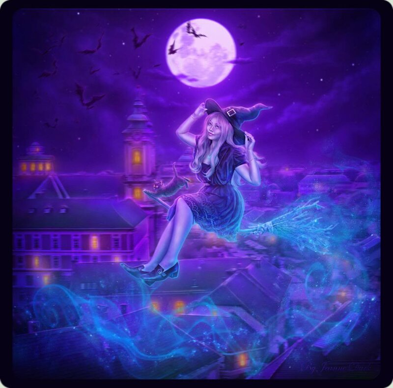 Witch Flying on Broom — Purple, Mystical