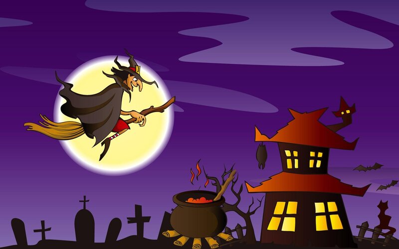 Witch Flying on Broom — Purple, Spooky