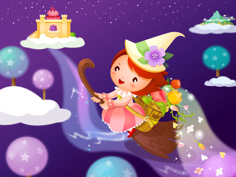 Witch Flying on Broom — Purple, Whimsical