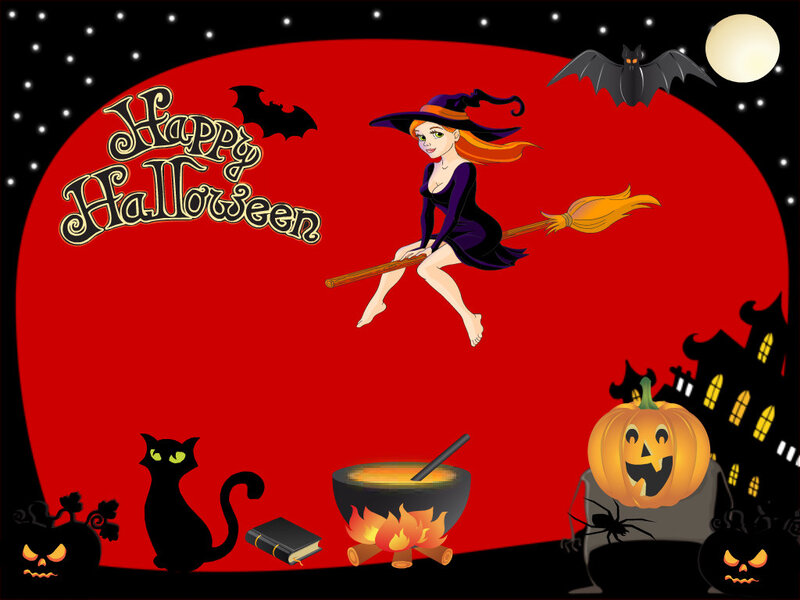 Witch Flying on Broom — Red, Festive