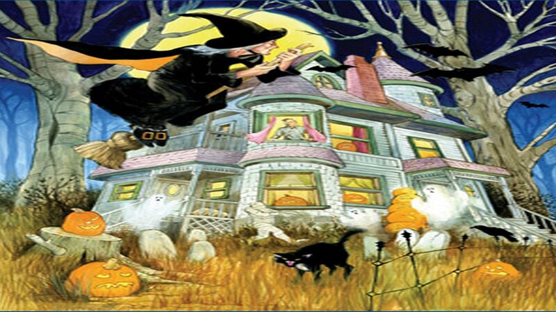 Witch Flying on Broom — Yellow, Spooky
