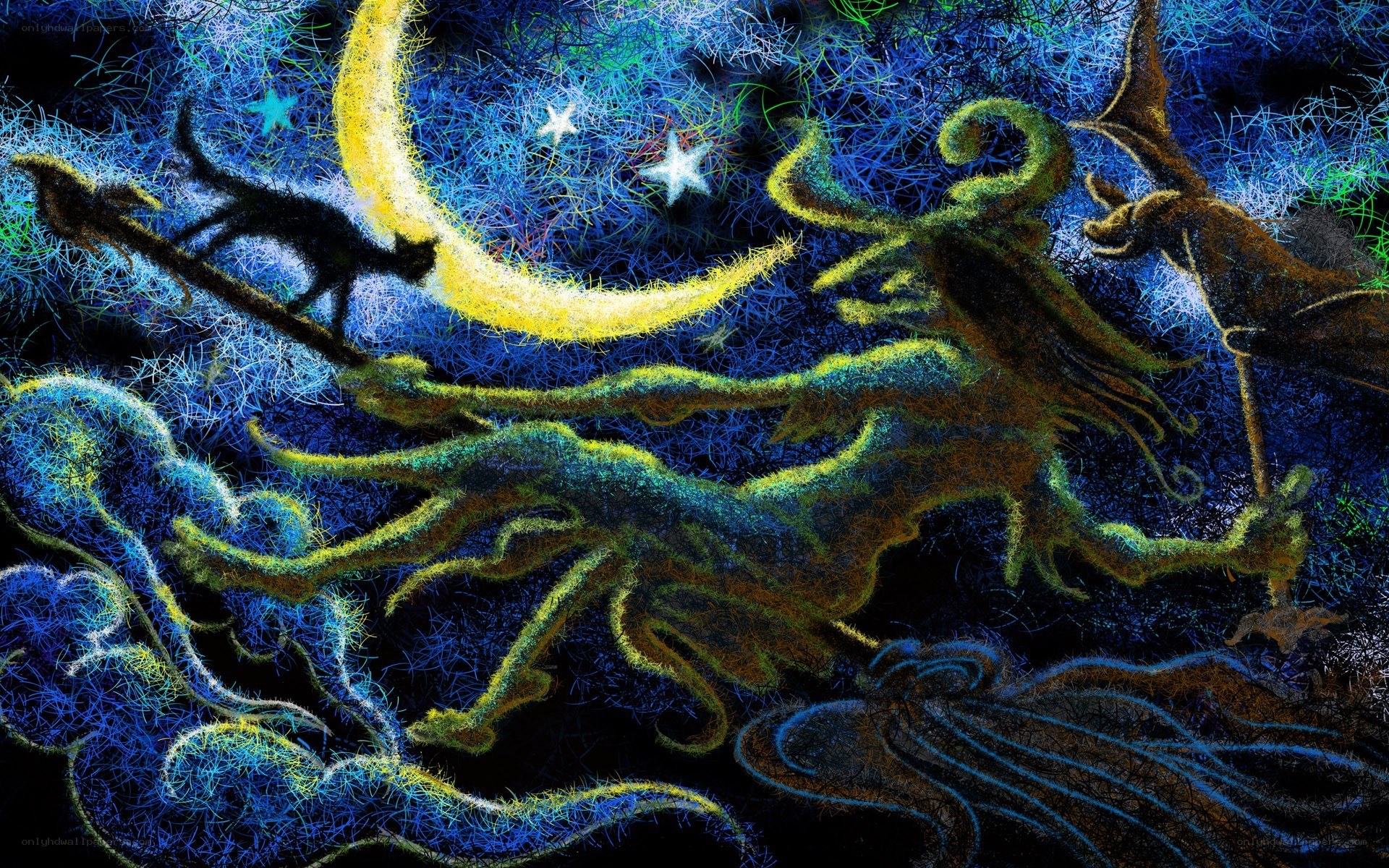 Witch flying on broomstick
