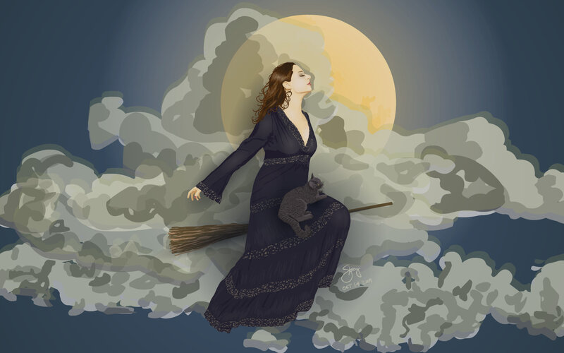 witch flying on broomstick