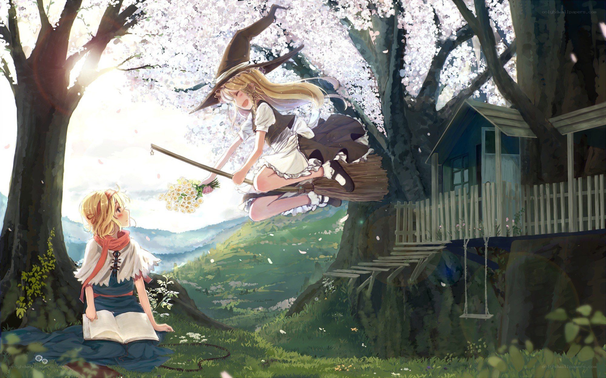 Witch flying over a girl