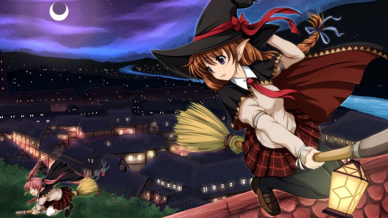Witch flying over a town