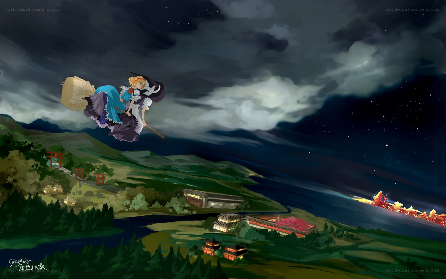 witch flying over a village at night