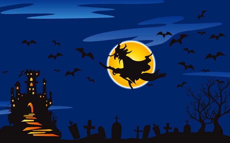 Witch flying over castle