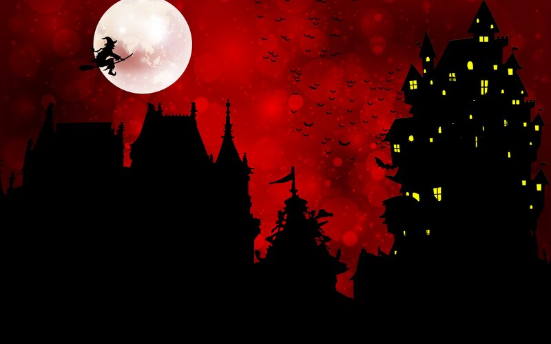 Witch Flying over Castle — Red, Spooky