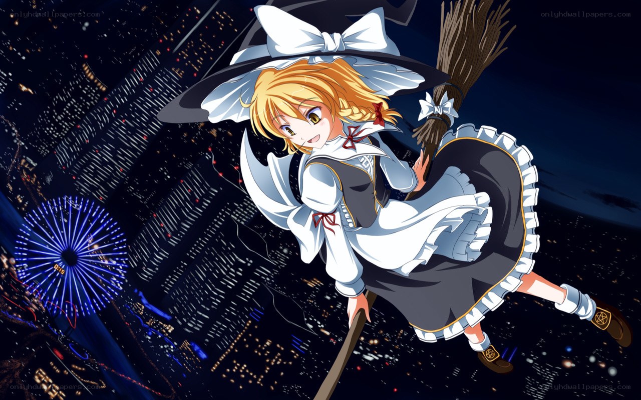 witch flying over city at night