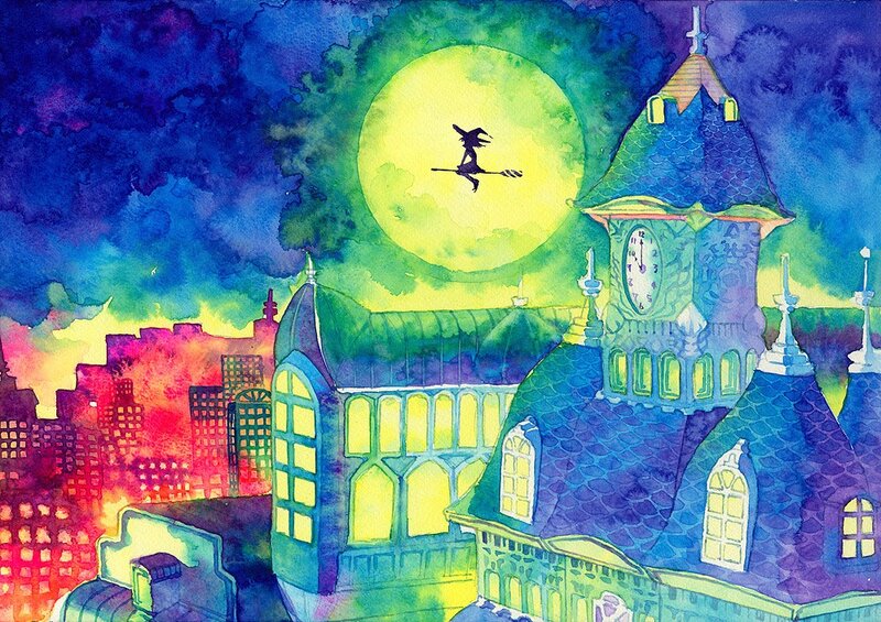 Witch flying over city