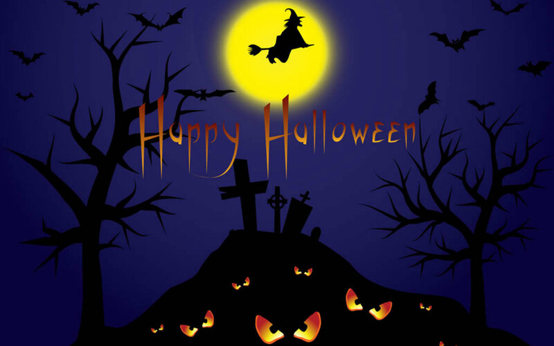 Witch Flying over Graveyard — Blue, Spooky