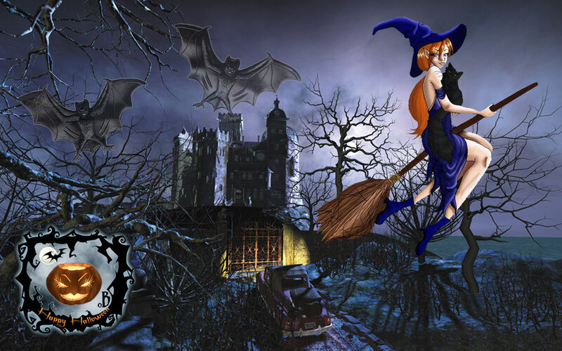 Witch flying over haunted castle