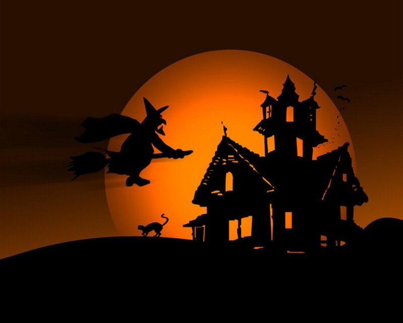 Witch Flying over Haunted House — Black