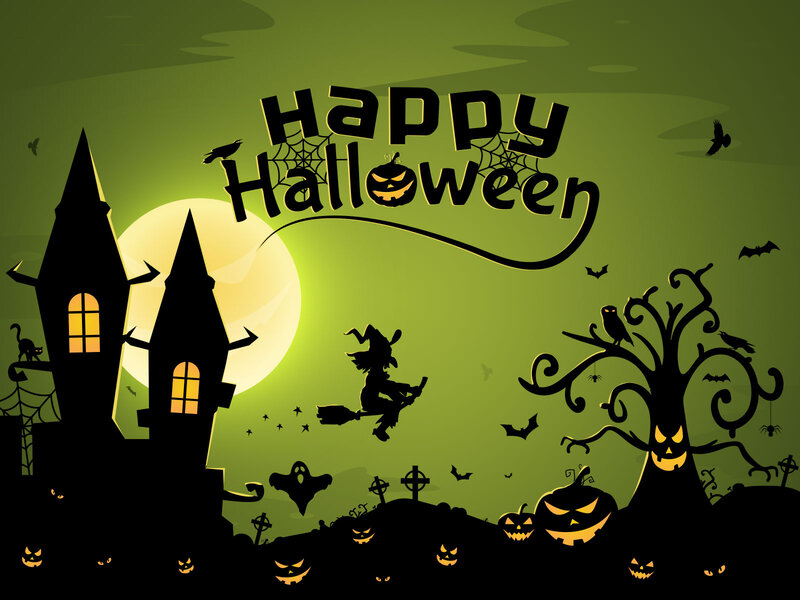 Witch Flying over Haunted House — Green, Spooky