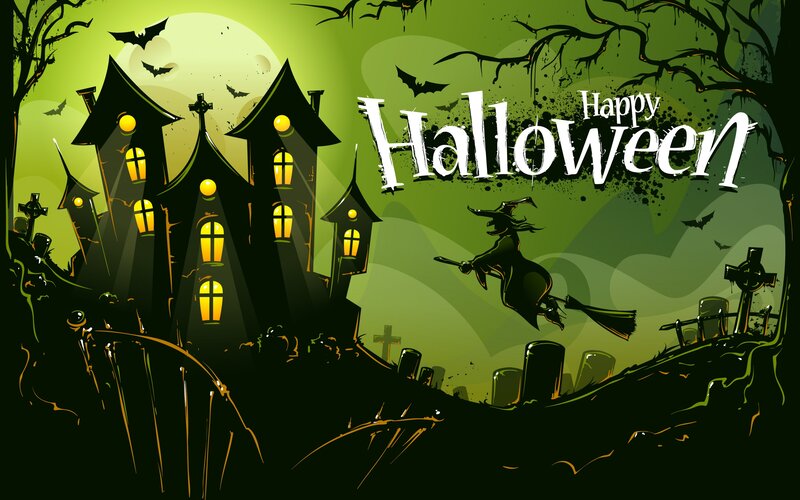 Witch Flying over Haunted House — Green