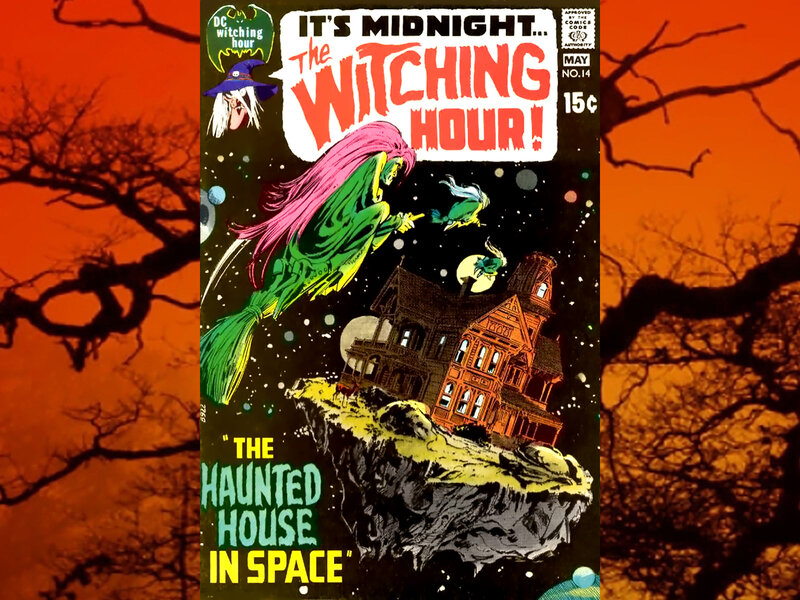 Witch Flying over Haunted House — Orange, Dramatic