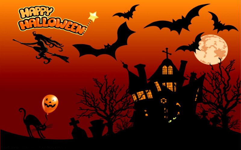 Witch Flying over Haunted House — Orange