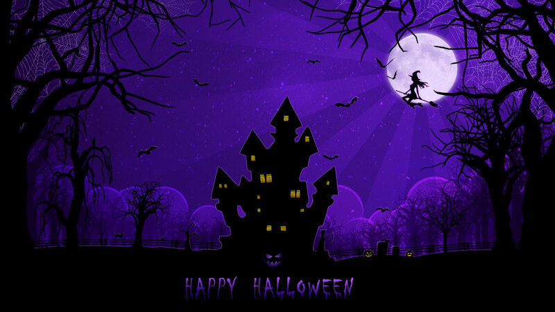 Witch Flying over Haunted House — Purple