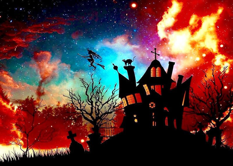 Witch Flying over Haunted House — Red