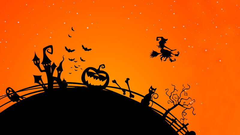 Witch Flying over Hill — Orange, Spooky