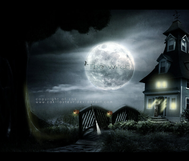 Witch Flying over House — Gray