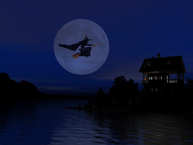 Witch flying over lake at night