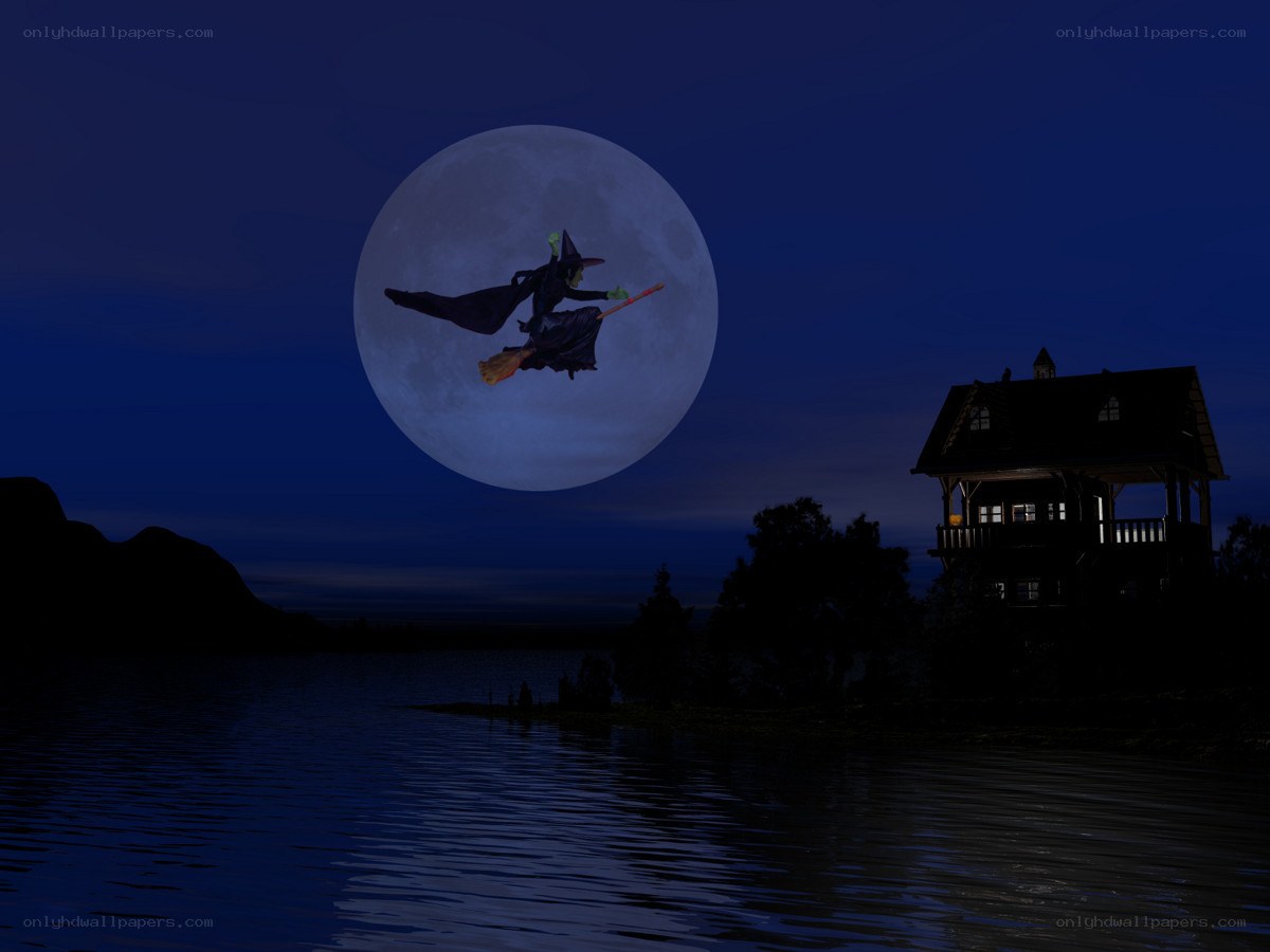 Witch flying over lake at night