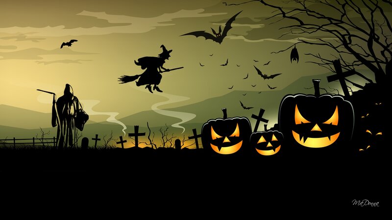 Witch Flying over Pumpkins