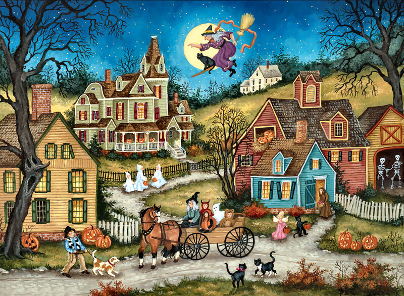 Witch Flying over Town — Blue