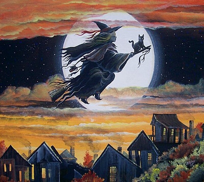 Witch flying over village