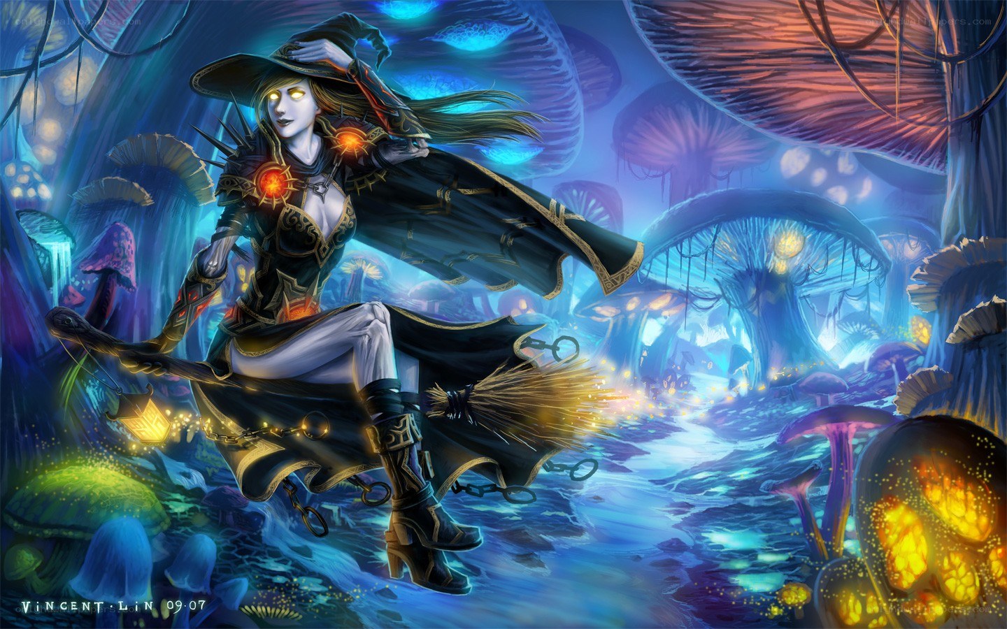 witch flying through a magical forest