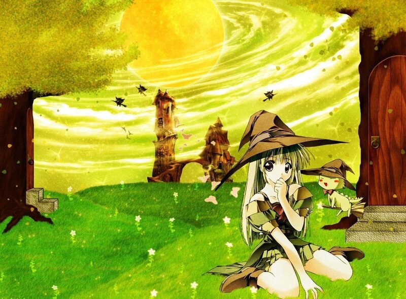 witch girl in a green field