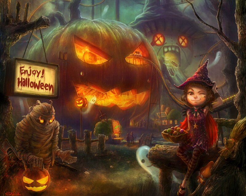 Witch Girl in Halloween Scene