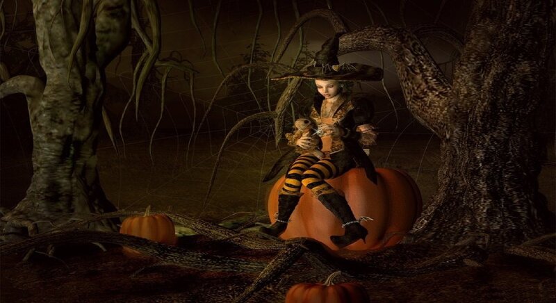 Witch Girl on Pumpkin — Orange, Creepy