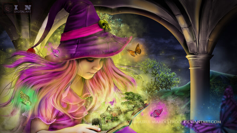 Witch Girl Reading Book — Purple