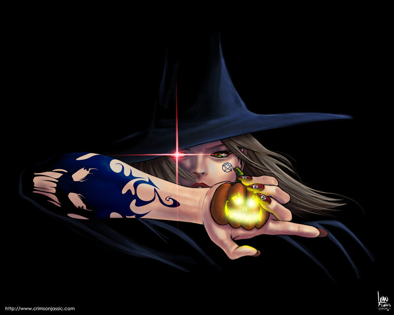 Witch Holding Pumpkin — Black, Dramatic, Night