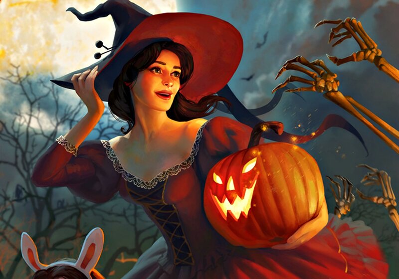 Witch Holding Pumpkin — Red