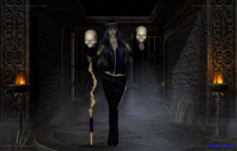 witch holding skulls in dungeon