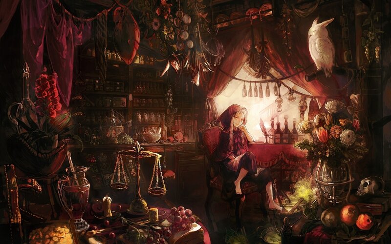 witch in a cluttered workshop