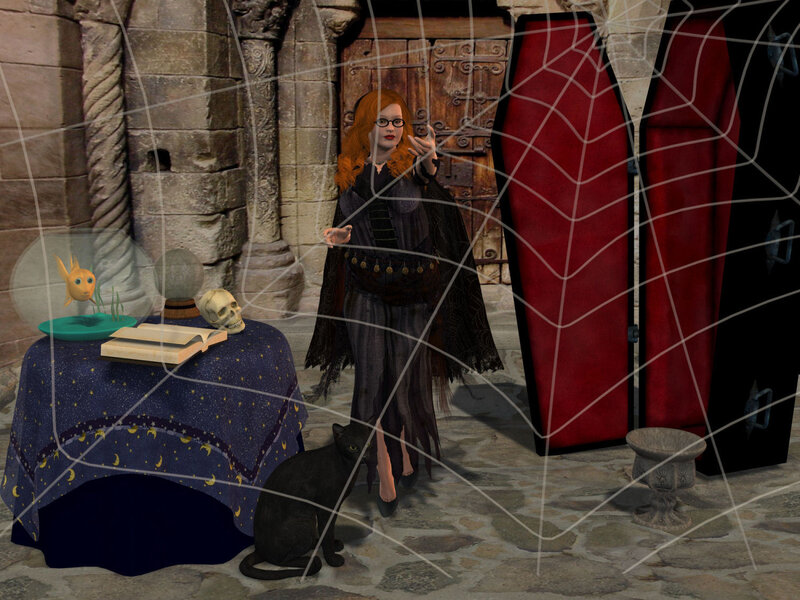 witch in a cobwebbed room