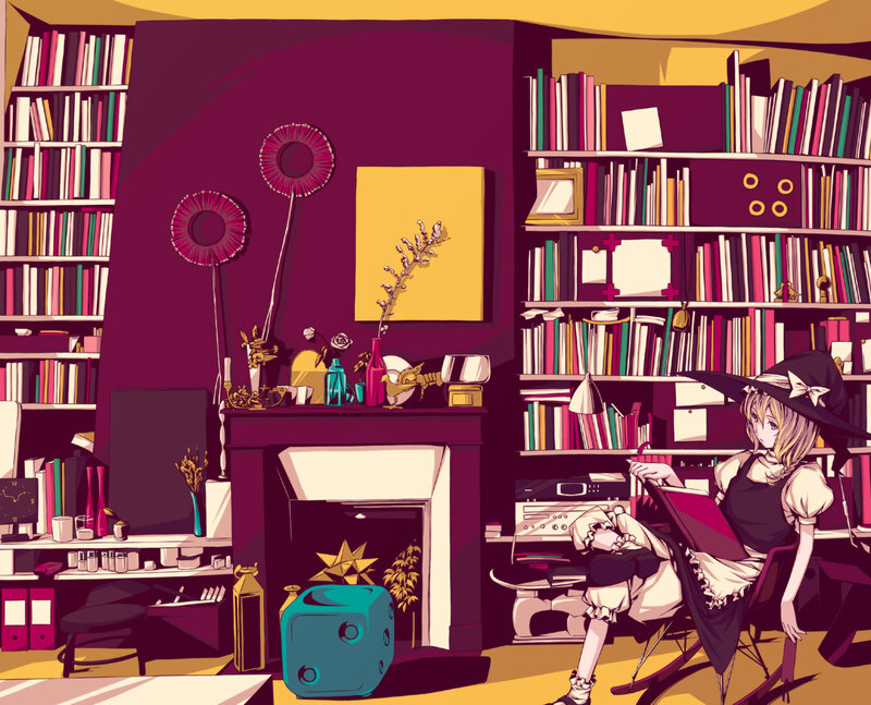 witch in a cozy library