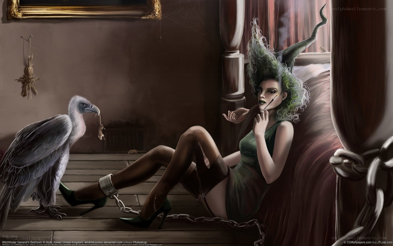 Witch in a dimly lit room