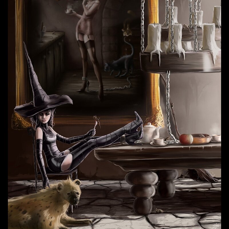 witch in a dimly lit room