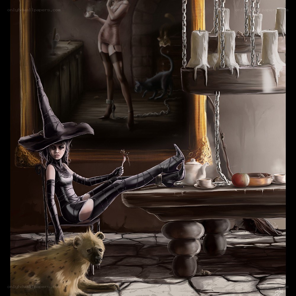 witch in a dimly lit room