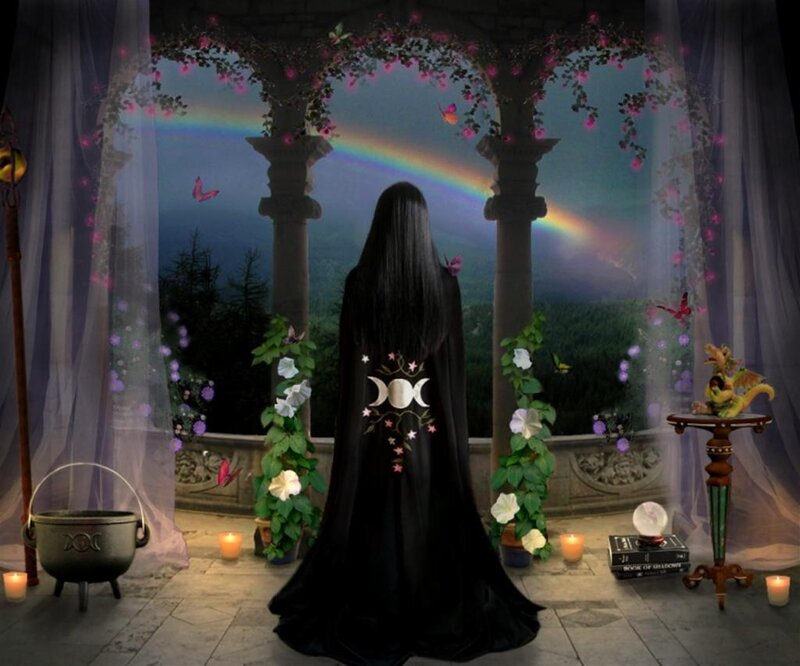 Witch in a garden with rainbow