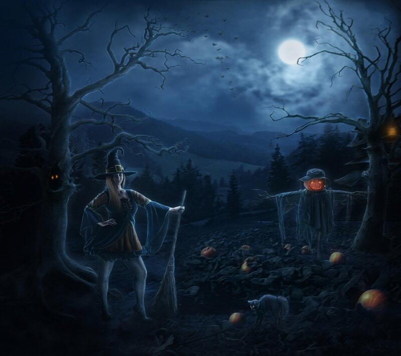 Witch in a Pumpkin Patch — Blue, Creepy