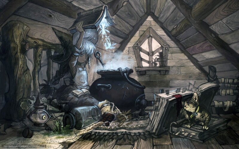 witch in attic with cat