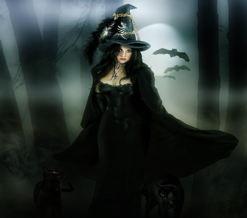 Witch in Forest — Black, Dark, Night, Digital Art