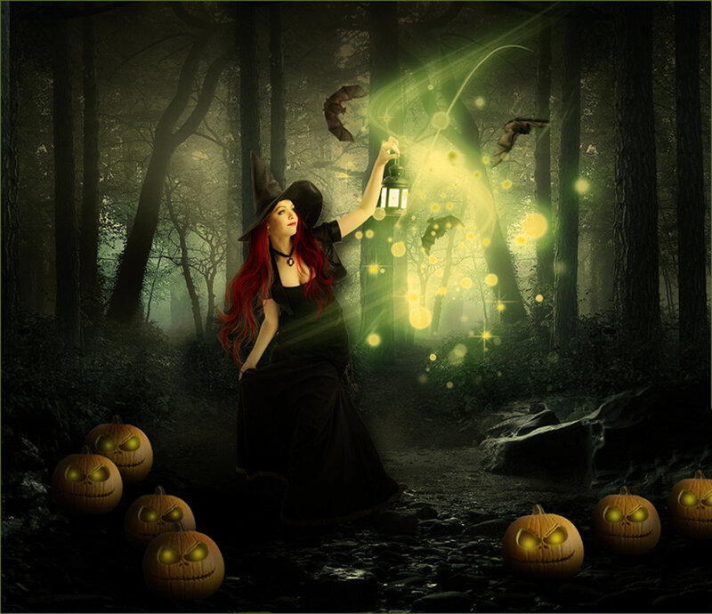 Witch in Forest — Black, Mysterious, Night, Digital Art, Pumpkins
