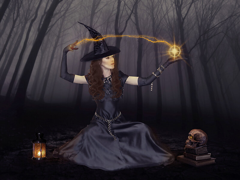 Witch in Forest — Black, Mysterious, Night, Digital Art, Skull